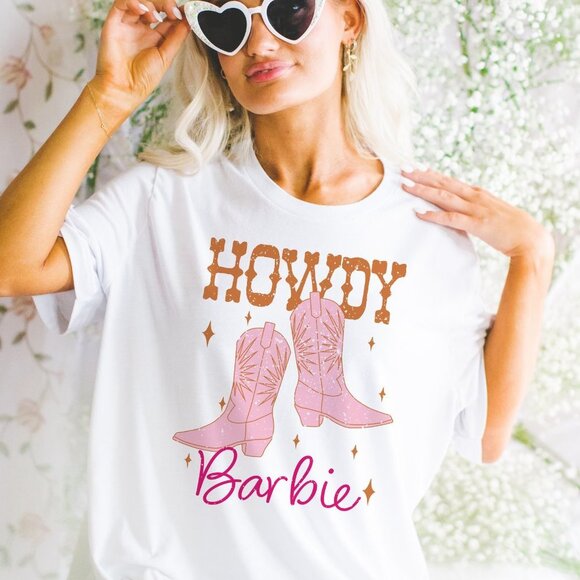 Desert Bloom Darlin Tops - Pink and Orange Distressed Howdy Barbie Western White T Shirt